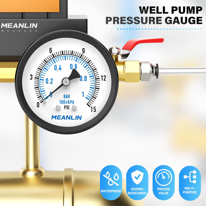 [Australia - AusPower] - MEANLIN MEASURE 0~1BAR/15PSI 2 inch DIAL FACE 1/4 inch BSP well pump pressure gauge, with 1/4 inch x 1/2 inch BSP and 1/4 inch x 3/8 inch BSP hex socket, pool sand filter water oil air pressure test 0~1BAR/0~15PSI Rear mounted 