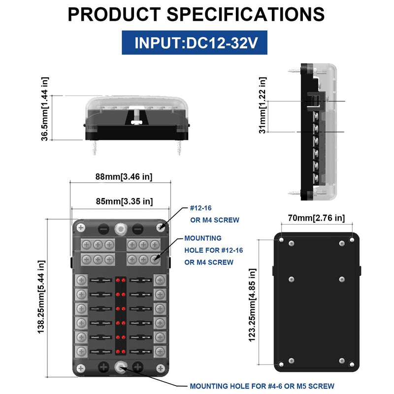 [Australia - AusPower] - 12 Way Blade Fuse Box Fuse Box Holder Standard Circuit Fuse Holder Box Block with LED Light Indication & Protection Cover for Car Boat Marine Trike Car Truck Vehicle SUV Yacht RV 12 Way 