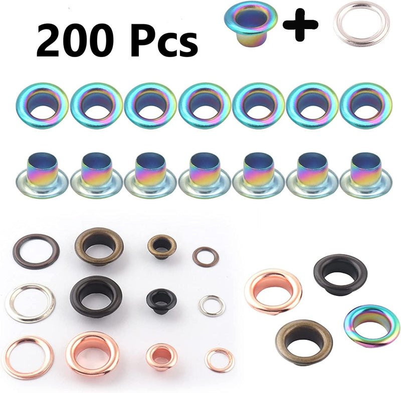 Metal Eyelets Hole Kit Metal Grommets Eyelets 200 Sets Grommet Tool Kit for Leather Clothes Belt (Rainbow 5mm) Rainbow 5mm