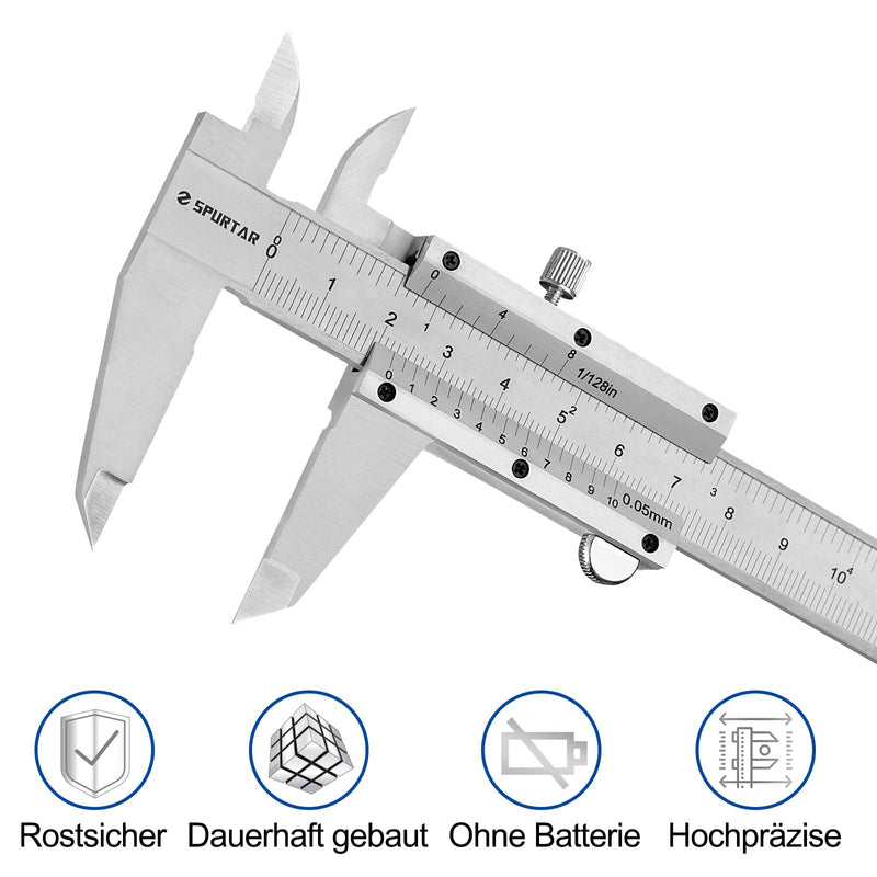 [Australia - AusPower] - Spurtar Vernier Calliper 150 mm Analogue 1/20 Vernier Reading: 0.05 mm Precision Stainless Steel Vernier Caliper Analogue with Locking Screw, Thread Table incl. Case 