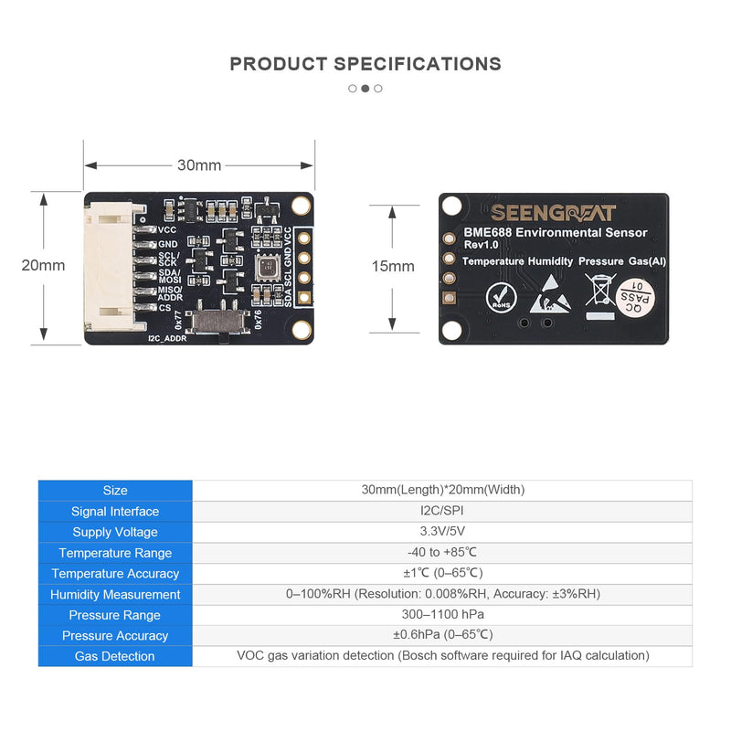 [Australia - AusPower] - BME688 Environmental Sensor, AI-Enhanced, Monitors Temperature, Humidity, Pressure & Gas, I2C/SPI, 3.3V/5V Compatible for Raspberry Pi, Arduino, ESP32 with AI Function 