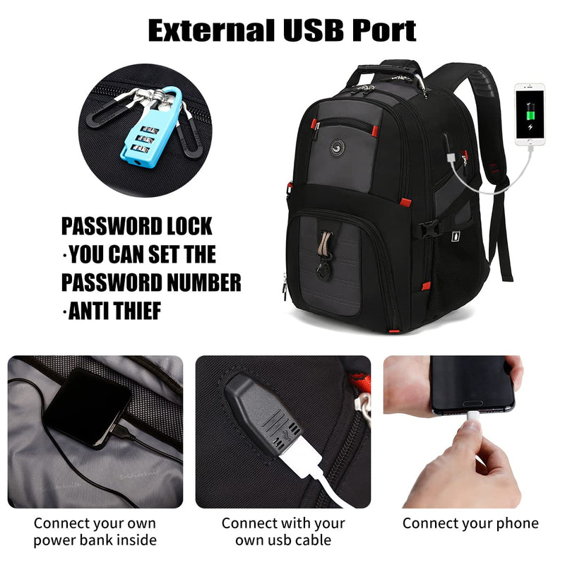 [Australia - AusPower] - SHRRADOO Extra Large 52L Travel Laptop Backpack with USB Charging Port, College Backpack Airline Approved Business Work Bag Fits 17 Inch Computer for Men Women Grey Travel Backpacks 