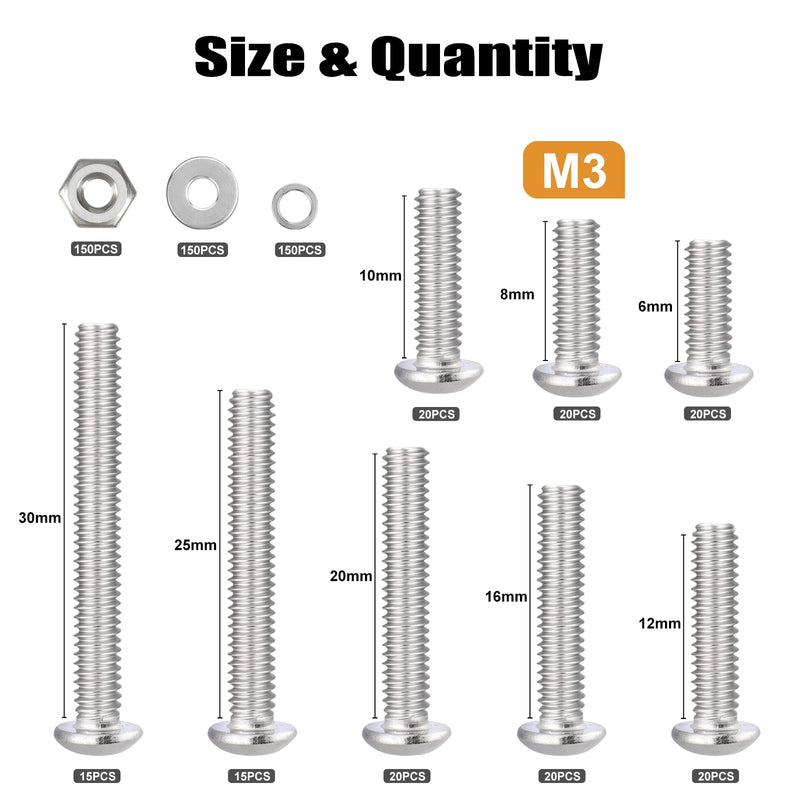 [Australia - AusPower] - 600pcs M3 Screw Assortment Kit, M3 Screws (8 Sizes 6-30mm) for 3D Printer DIY, Hex Button Head Cap Screws Bolts Nuts Washer Kit, 304 Stainless Steel, M3 x 6/8/10/12/16/20/25/30mm M3x6/8/10/12/16/20/25/30mm 