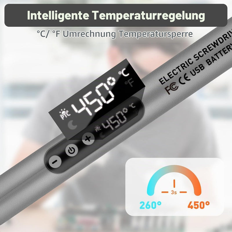 Battery Soldering Iron Set, USB Rechargeable Soldering Iron with LCD, Ceramic Heating Core, Adjustable Temperature 200-450°C, 3 Soldering Tips, Mini Soldering Station for Small Repair such as Circuit Boards and Jewellery