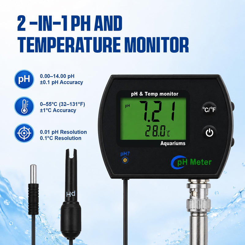 2 in 1 Temperature & pH Meter, High-Precision pH Tester, PH Monitor with Replaceable BNC Probe, 0.00~14.00pH Measurement Range, ATC, Backlit Display and °C/°F for Fish Tank, Hydroponics & Pools 2-in-1 Combo Monitor
