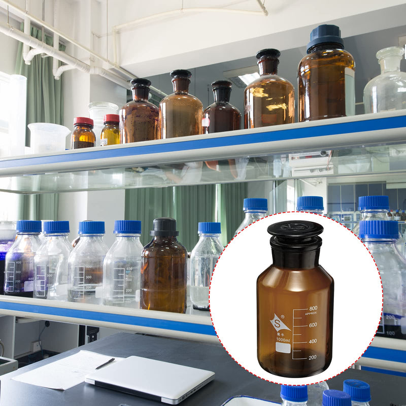 PATIKIL 1000mL Reagent Media Bottle, 1Pcs Round 3.3 Borosilicate Glass Graduated Storage Bottle with Amber Cap for Chemistry Lab Universities Home, Amber 33.8 Ounces