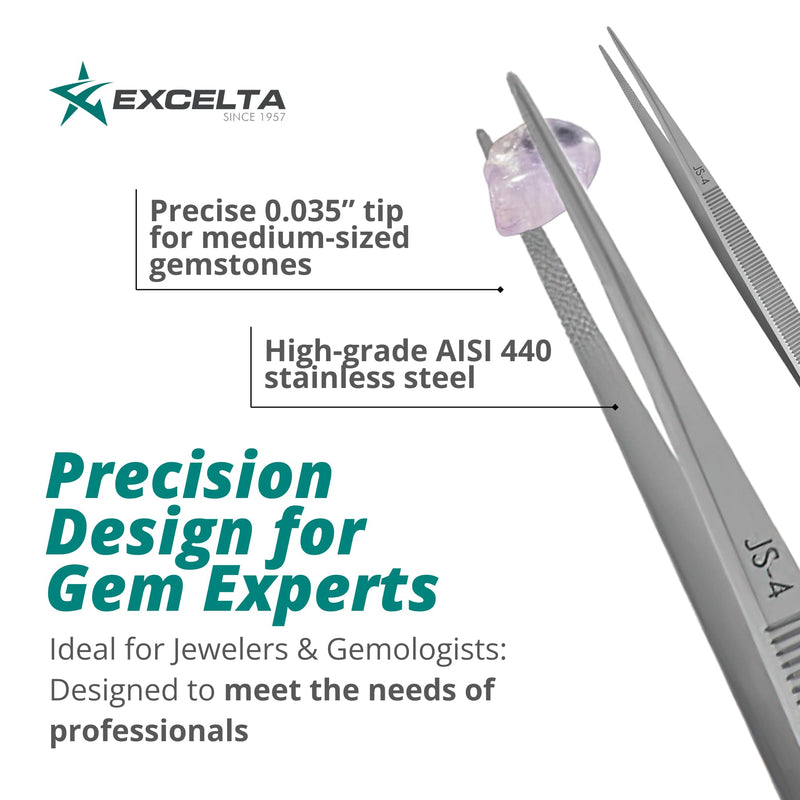 [Australia - AusPower] - Excelta JS-4 Gemologist Forceps, Straight Medium Tweezers, 0.035” Tip, Precision Gem Handling Tool, Stainless Steel AISI 440, Conductive Surface, Ideal for Jewelry & Gemstone Work, Made in Switzerland 6.38" Tweezer, Jeweler's, Standard 