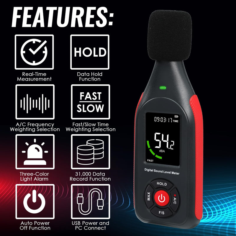 [Australia - AusPower] - Decibel Meter Sound Level Meter dB Meter Sound Noise Meter 30-130dB with MAX Data Hold, Data Record Function, Rechargeable With Alarm and A/C Frequency, Fast/Slow Time Selection for Home, Classroom 