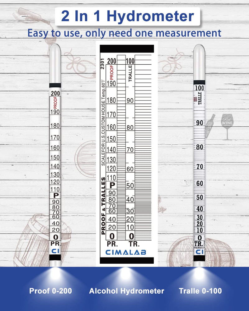 [Australia - AusPower] - CIMALAB Hydrometer Alcohol Meter, Hydrometer Alcohol 0-200 Proof and Tralle Alcohol Hydrometer, Alcohol Proof Tester Hydrometer, Alcohol Tester for Liquor/Moonshine/Spirits/Proofing/Distilled 