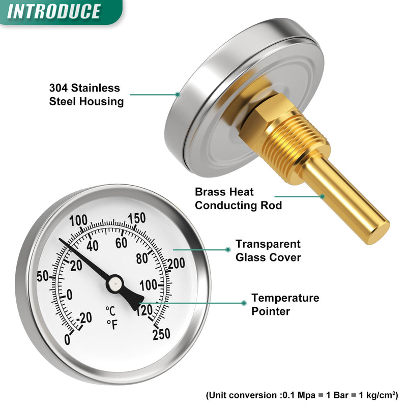 [Australia - AusPower] - 0-250°F/-20-120℃, Bimetal Thermometer, 2.5" Dial Size, 1/2" Connection Thread, Lead-Free Brass Stem with Total Length of 2.3" Back Mount, Accuracy 2%, for hot Water, boilers, and Pipes 2.5" Dial (0-250°F/-20-120°C) 
