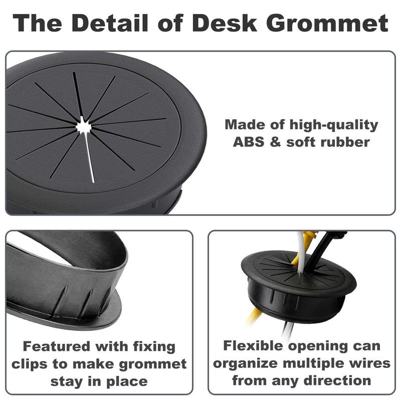 [2 Pack] Desk Grommet 2 Inch Flexible Desk Hole Cover for Cables Desktop Equipment Wiring Management Desk Cord Hole Cover for Home & Office Table Cables - Black 2 Inches