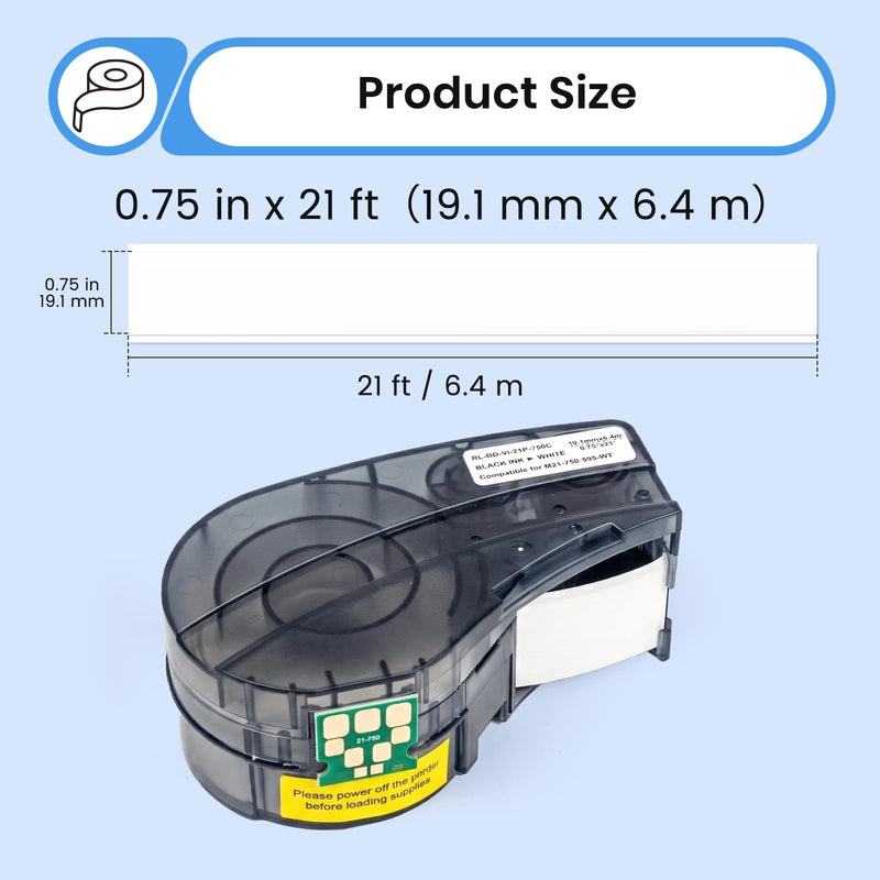 Replacement Label Tape Compatible for M21-750-595-WT, All-Weather Vinyl Label for M210, M210-LAB, M211 and BMP21-LAB Printers,Black on White,0.75" Width 21' Length 0.75" X 21' 595