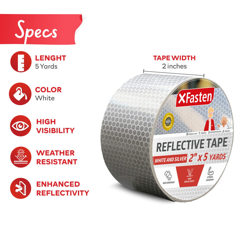 XFasten Reflective Tape, White and Silver, 2 Inches by 5 Yards - High Intensity - DOT-C2 Safety Tape Waterproof Conspicuity Trailer Reflector
