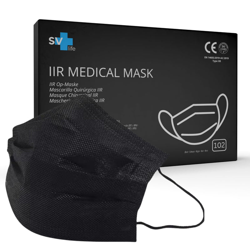 102 st. Medizinische Maske typ IIR CE Zertifiziert | 3-Lagig (BFE>99%), Geprüfter Schutz EN14683 | OP Mundschutz Gesichtsmaske, Einwegmasken - nicht Wiederverwendbar, für Erwachsene, Schwarze Farbe