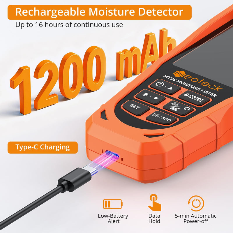 Neoteck 6 in 1 Pinless Moisture Meter 19mm Digital Moisture Detector ±2% Accuracy Wood Moisture Reader with Audible &Visual Alarm and 2.9inch LCD Display for Wood Wall Concrete Drywall Plaster Screed