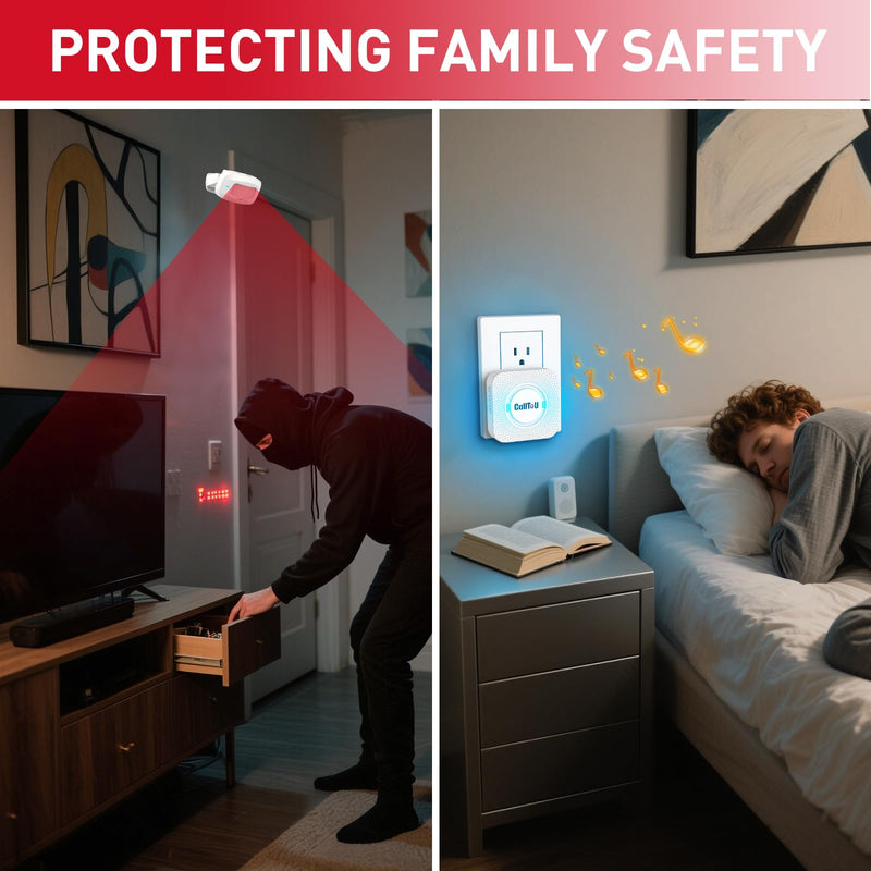 CallToU Wireless Motion Sensor Alarm Indoor Motion Detector Alarm Bed Alarms for Elderly Dementia Patients, Motion Sensor Door Chime for Business/Home/Office/Store with 500FT Range 5 Adjustable Volume WHITE 2+2