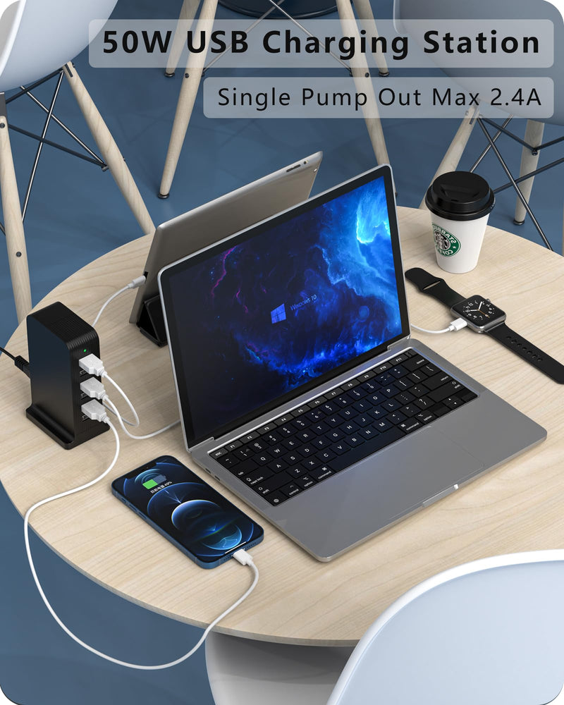[Australia - AusPower] - USB Charger 6 Port 50W Multi USB Tower Charging Station for Multiple Devices iPhone 15/14/14 Pro/14 Pro Max/13 Pro/13 Pro Max/Android/Samsung/Tablet,etc(Black USB) black 50W 6A 