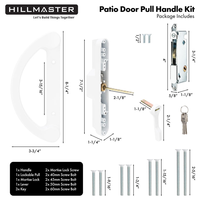 HILLMASTER Sliding Glass Door Handle with Mortise Lock and Key Cylinder,Patio Door Lock with Key Replacement Patio Door Handle Set Sliding Door Lock Fits 3-15/16" Screw Hole Spacing,Reversible Design White