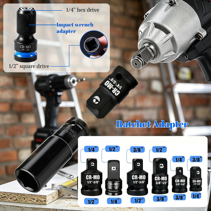 Ratchet Adapter Set Made of Chrome Vanadium Steel | Nut Adapter for Repairs Impact Wrench Accessories with 1/2 3/8 1/4 Connection and Safety Ball