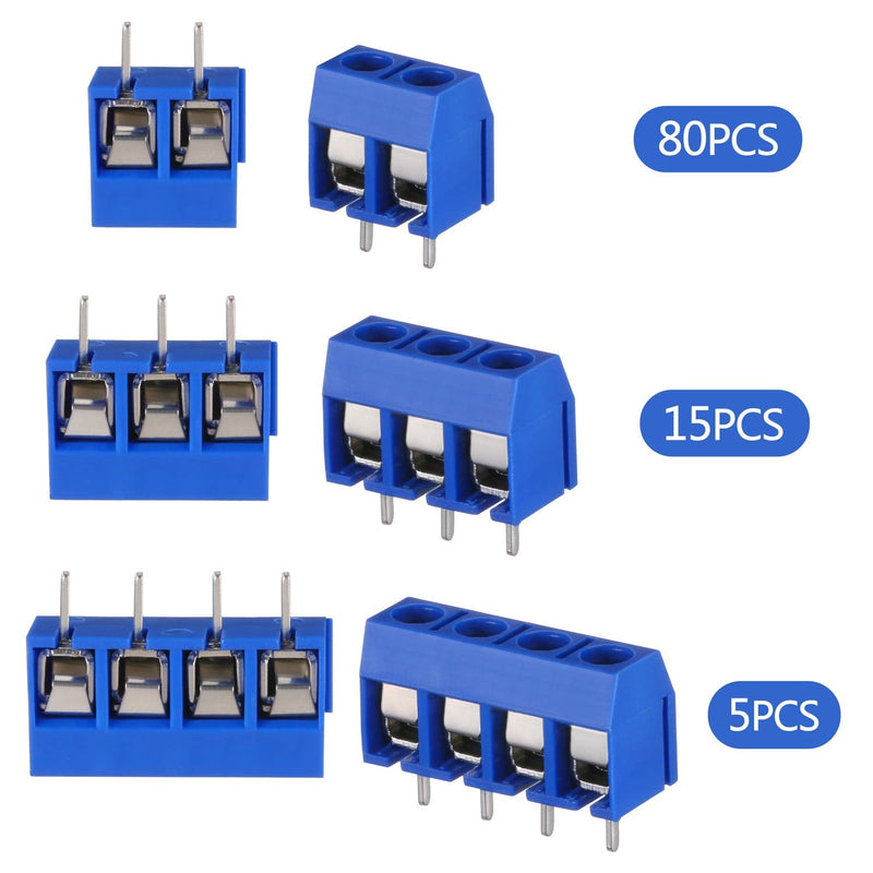 [Australia - AusPower] - 100PCS 2 Pin 3 Pin 4 Pin PCB Mount Screw Terminal Block Connector, KWOKWEI Blue Socket Strips 5mm Pitch for Arduino and Home Electronics Projects (80 x 2 Pin, 15 x 3 Pin, 5 x 4 Pin) 