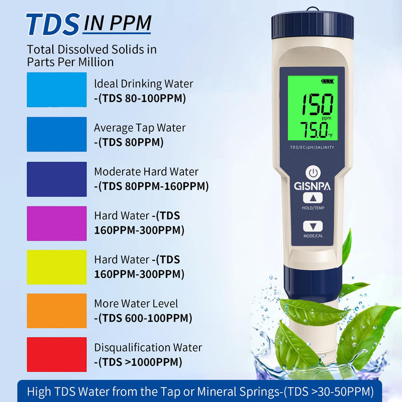 [Australia - AusPower] - 5-in-1 Salt Water Pool Tester, pH/TDS/EC/Salinity/Temp Meter, 0.01 Resolution High Accuracy Water Tester for Drinking Water, Hydroponics, Plants, Aquariums, Pool, Hot Tub Spas. 