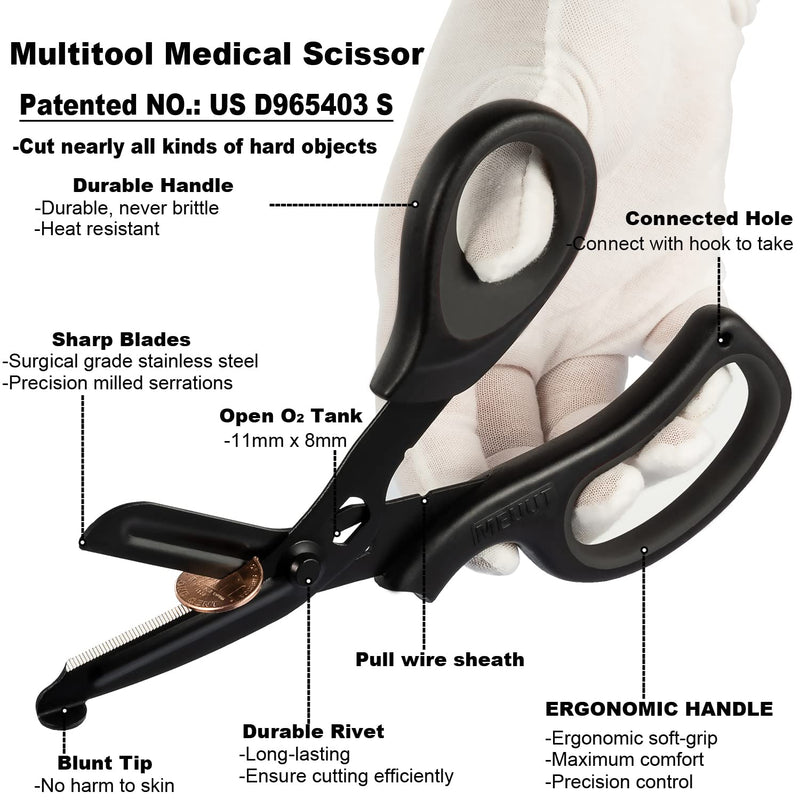 [Australia - AusPower] - MEUUT 3 Pack Medical Scissors and Penlights for Nurses Medical Supplies with Two Medical Pen lights Four Batteries, One 8 inches Ergonomical Bandage Scissors Trauma Shears for First Aid EMT Black Scissor+gold&white Penlight 