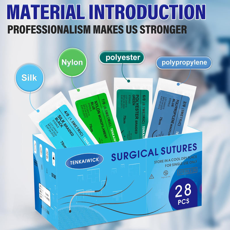 [Australia - AusPower] - 28 Packs Sutures Thread with Needle,Mixed Sutures, Training Threads(0,2/0,3/0,4/0,5/0,6/0,7/0) for Practicing Suturing can be Used for Suture Pads, Fruit peels,4 Material 28 