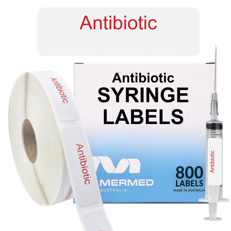 Antibiotic Medical/Syringe Labels - Box of 800 Labels on Roll (1" core). 12mm x 40mm (Approx 0.5" x 1.5"). Latex-Free Permanent Adhesive. Printed in Australia by Specialist Medical Printer. Antibiotic