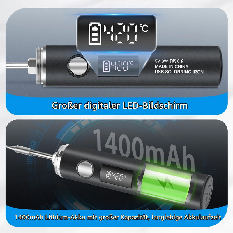 diymore Battery Soldering Iron Set, USB Wireless Soldering Iron, 5 Gears Temperature Adjustable 260 °C - 420 °C, 3 Soldering Tips, Soldering Iron Battery for Repair of Welding 10 W (1400 mAh)