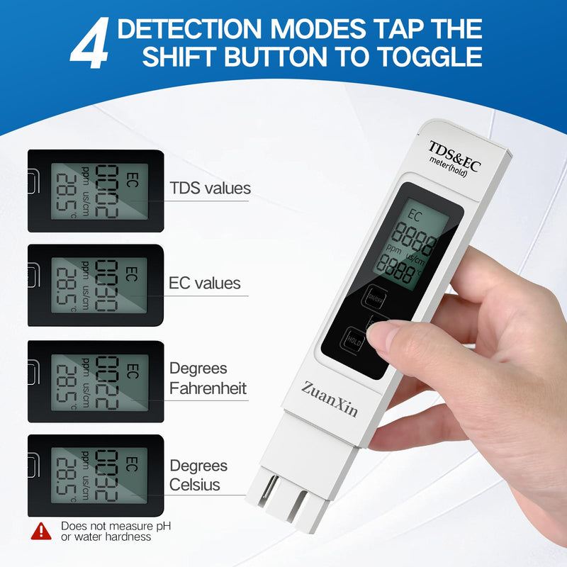 [Australia - AusPower] - TDS Meter, 4 in 1 Water Quality Meter, Accurate and Reliable Digital TDS EC & Temp(°C,°F) TDS Meter 0-9990PPM Water PPM Tester for Drinking Water RO/DI System Aquarium (White) white 