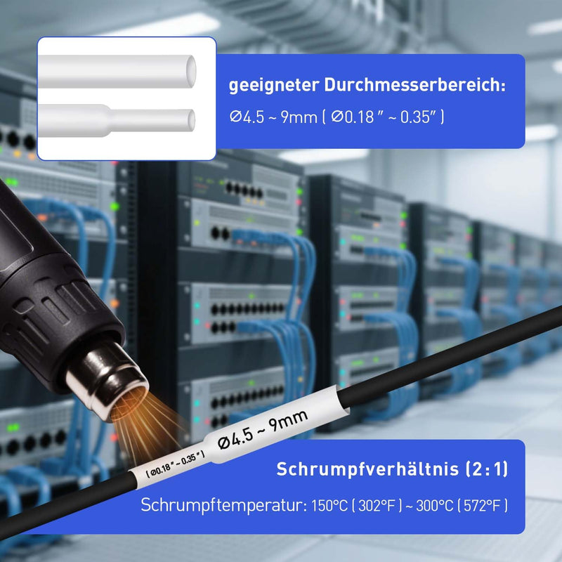 SUPVAN G15M Heat Shrink Tubing 2:1, White, Diameter 9 mm, 1.5 m | Heat shrink tube for cable marking, writeable heat shrink tube for cable bundling and electrical installations Ø 9 mm, 1.5 m
