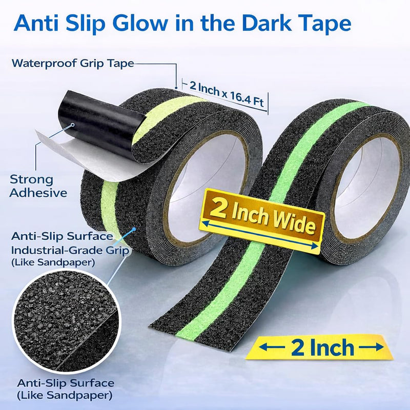 Anti Slip Tape with Glow in Dark, 2 inch x16.4ft Anti Slip Grip Tape for Stairs, Floors, Decks, Bathrooms & Outdoors, Waterproof PVC Non Skid Safety Tape with Glow at Night 2 inches (width) x 16.4 feet (length)