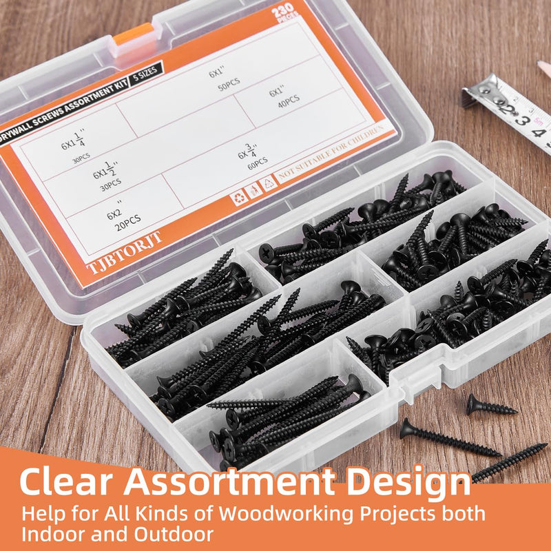 [Australia - AusPower] - High Hardness Drywall Screws Assortment Kit,#6 230pcs (3/4",1",1-1/4",1-1/2",2"),Black Wood Screws, Screws for wood set,5 Sizes Black 
