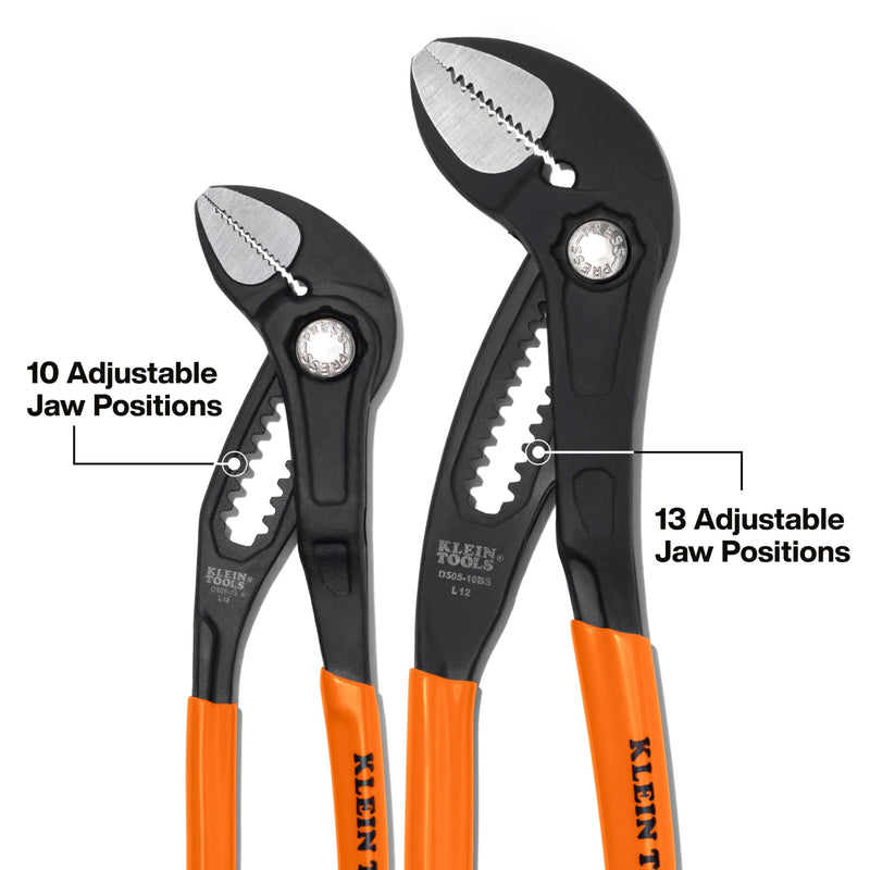 Klein Tools D5052BSKIT Straight Jaw Quick-Adjust Pump Pliers Set, 7-Inch and 10-Inch Adjustable Pliers Set, Heavy-Duty Hand Tool with Serrated Teeth 7-Inch & 10-Inch