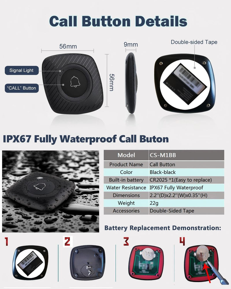 [Australia - AusPower] - Caregiver Call Button Wireless Caregiver Pager 400+ Feet SOS Alert Nurse Calling System for Seniors Patients Nurse Emergency Clinic (1 Call Button(M1BB) + 1 Watch Receiver(200VT)) 1 call button(M1BB) + 1 watch receiver(200VT) 