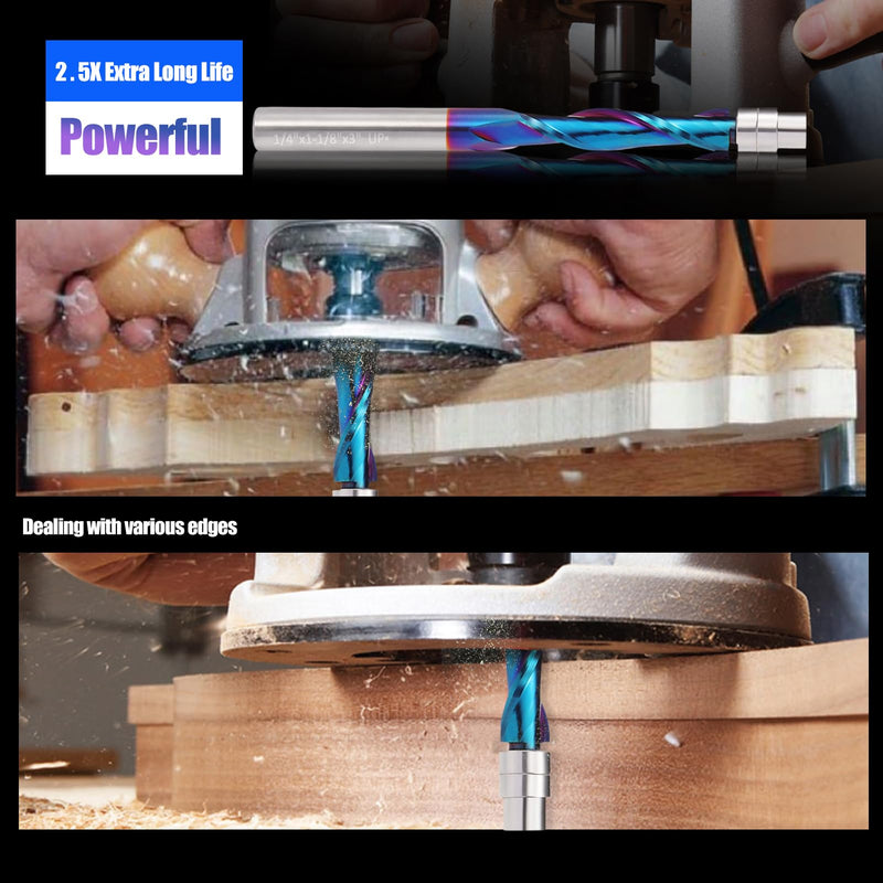 [Australia - AusPower] - 3PCS Spiral Flush Trim Router Bit Set ,1/4 Inch Shank , with Nano Coated ,for Wood Trimming,Set of 1pcs Up Down Compression Router Bit+ 1pcs Downcut Bits+1pcs Up Cut Bits 3 Up Cut +Down Cut + Compression Cut 