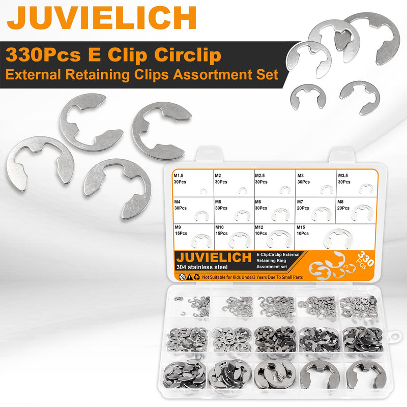 [Australia - AusPower] - E Clip Circlip Assortment Kit 330PCS 14 Size 304 Stainless Steel External Retaining Rings Washer Circlip Rings Kit Metric E Clip for Bearings Gears Pulleys,Axles Includes Sizes of M1.5-M15 Silver Stainless 330PCS E-Clips 
