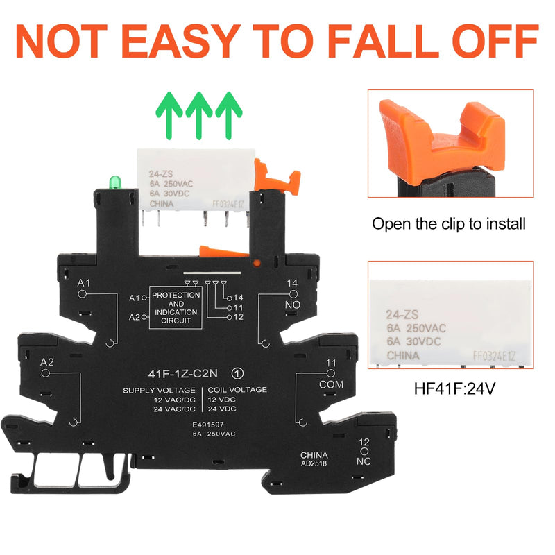 Tellegloww 10 Pcs Miniature Electromagnetic Relay 24V Coil DC/AC, PLC Signal Relay, HF41F/24-ZS 5 Pin 1NO 1NC 6Amp SPDT, Din Rail Mount (Black) Black