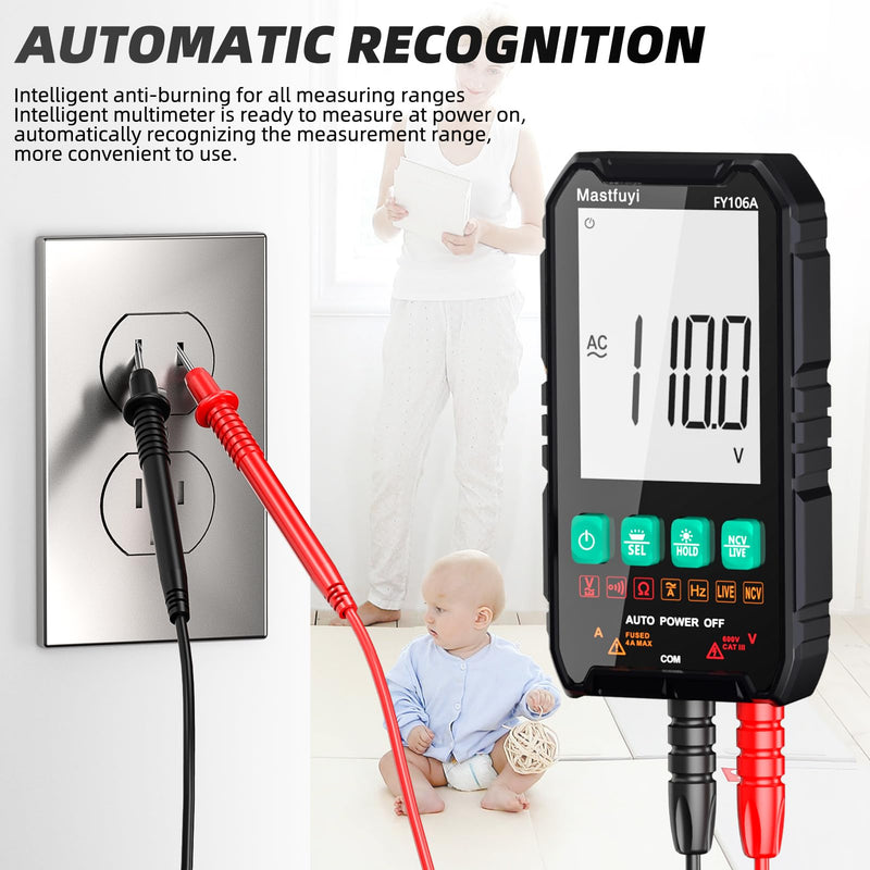 [Australia - AusPower] - Multimeter Digital, Multi Tester NCV, Compact Intelligent Electrical Tester, Auto-Ranging, Overload Protection, True RMS 4000, Backlit LCD, AC/DC Current/Voltage, Continuity, Frequency [ FY106A ] 