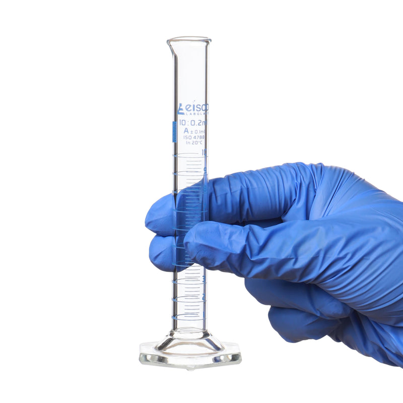 Graduated Cylinder, 10ml - Class A Tolerance ±0.10ml - Hexagonal Base - Blue Graduations - Borosilicate 3.3 Glass - Eisco Labs (Pack of 4) 10mL (Pack of 4)