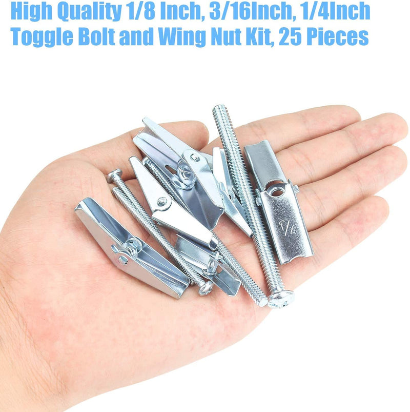 [Australia - AusPower] - 25 Pieces Toggle Bolt and Wing Nut Assortment Kit, 1/4" 3/16" 1/8" for Hanging Heavy Items on Drywall 