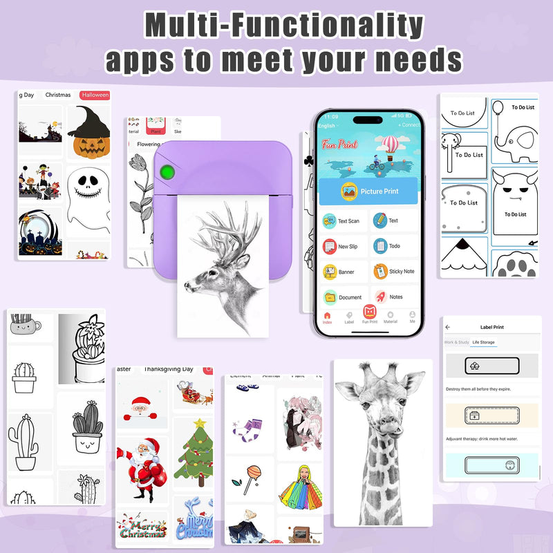 [Australia - AusPower] - Mini Sticker Printer,Mini Pocket Thermal Printer with 11 Rolls Paper,Bluetooth Inkless Printer Compatible with Android & iOS,Portable Receipt Printer for Photo,Journal,Memo,Travel,Purple Purple 