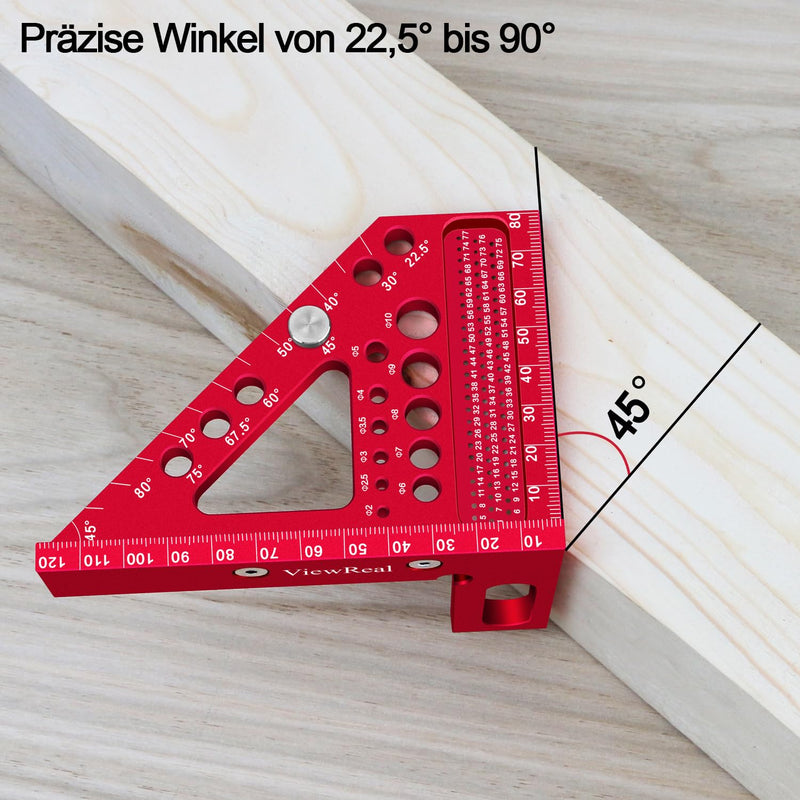 [Australia - AusPower] - 3D Mitre Square Multifunctional 22.5-90 Angle Measure Aluminium Alloy High Precision Layout Measuring Tool Scribing Tool Woodworking Measuring Tools for Carpenters, Engineers Red 