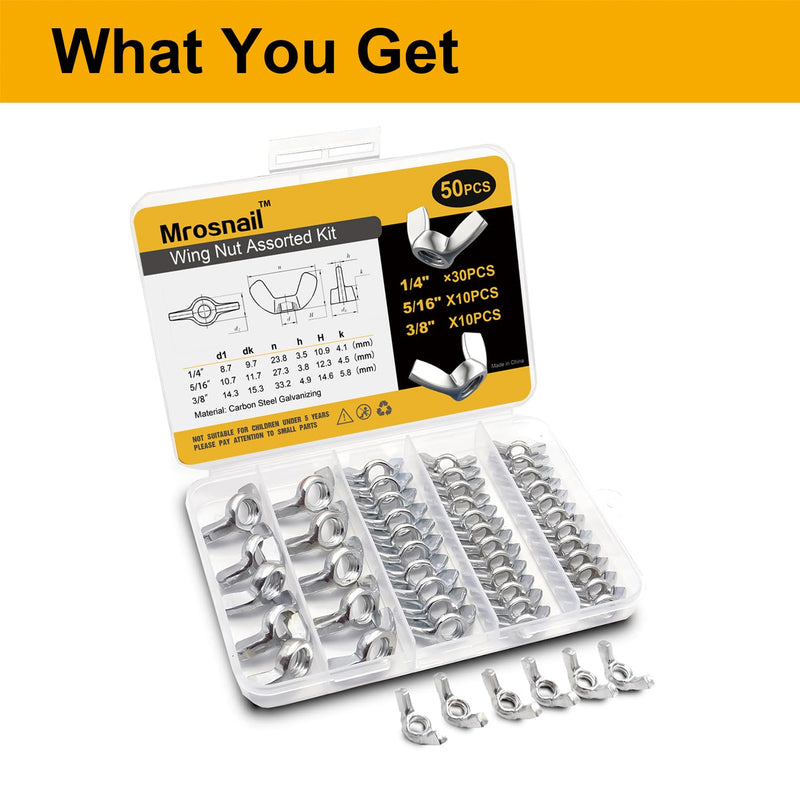 [Australia - AusPower] - 50 PCS Wing Nuts Assorted kit 1/4"-20 5/16"-18 3/8"-16 SAE Steel 3 Size Wing Nut Fasteners,Carbon Steel Zinc Plated Butterfly Wingnuts 1/4 Inch, 5/16 Inch,3/8 Inch,Hand Twist Secure Fasteners 50Pcs Assorted kit 
