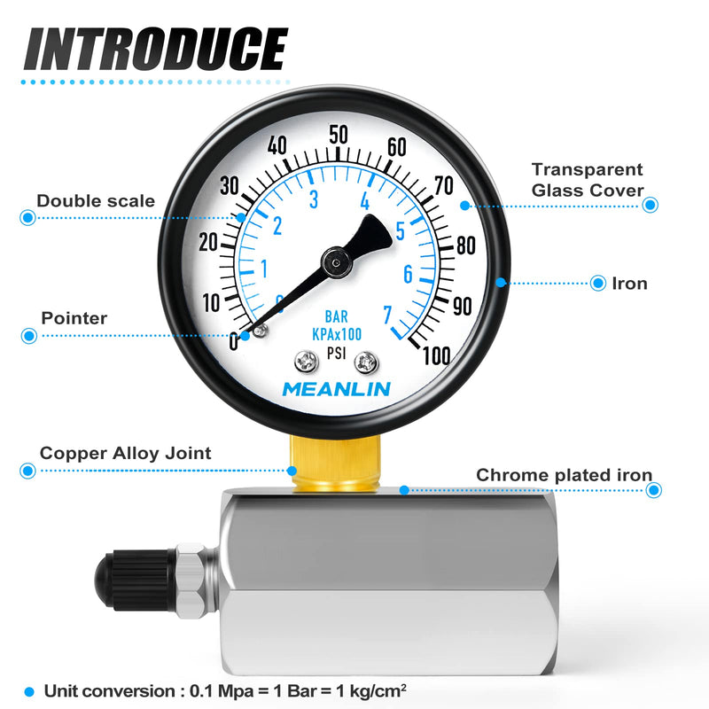[Australia - AusPower] - MEANLIN MEASURE 0-100Psi 2"Steel Double Graduated Air Test Pressure gauges, 3/4" FNPT Connection, -3-2-3% Accuracy Chrome Body 