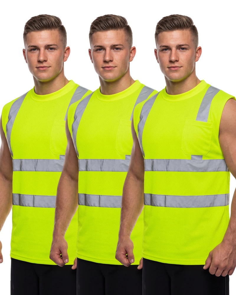 3 Pcs Safety Reflective Sleeveless Shirts Men High Visibility Tank Top Hi Vis Construction Work Shirts with Pocket Yellow Large