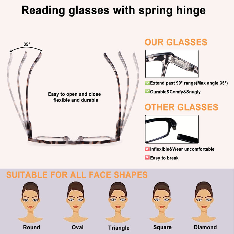 [Australia - AusPower] - 6 Pack Fashion Reading Glasses for Women Men Blue Light Blocking Oversized Square Readers with Spring Hinge 6 Pack Mix 1.5 x 