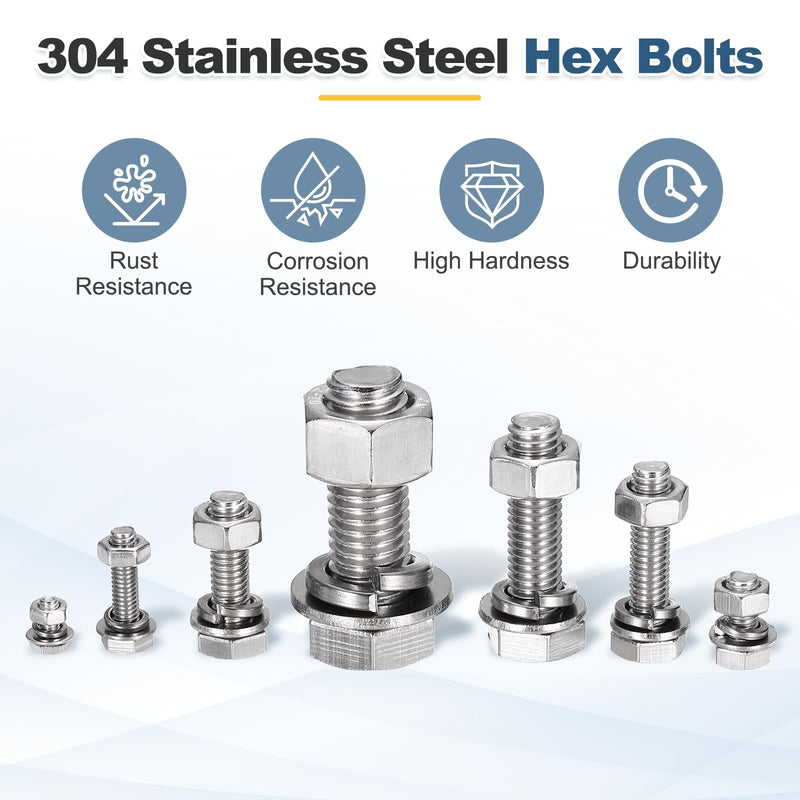 [Australia - AusPower] - MECCANIXITY M10 x 180mm 304 Stainless Steel Hex Head Screws Bolts, Nuts, Flat & Lock Washers Assortment Kit, Fully Threaded, Bright Finish for Home, Electronic, Machine, 2 Sets 