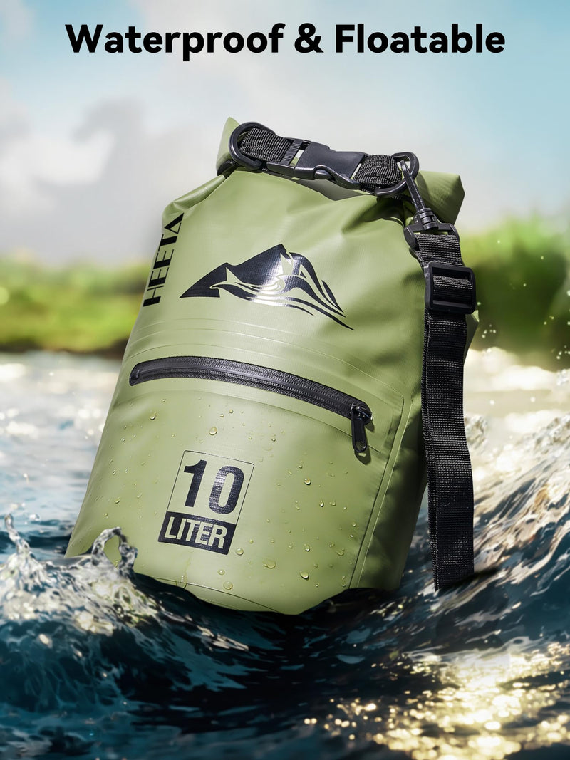 HEETA Waterproof Dry Bag with Front Zippered Pocket for Women Men, 5L/10L/20L/30L/40L Roll Top Lightweight Dry Storage Bag Backpack for Travel, Kayaking, Boating, Rafting, Camping, Hiking & Beach Green 10L