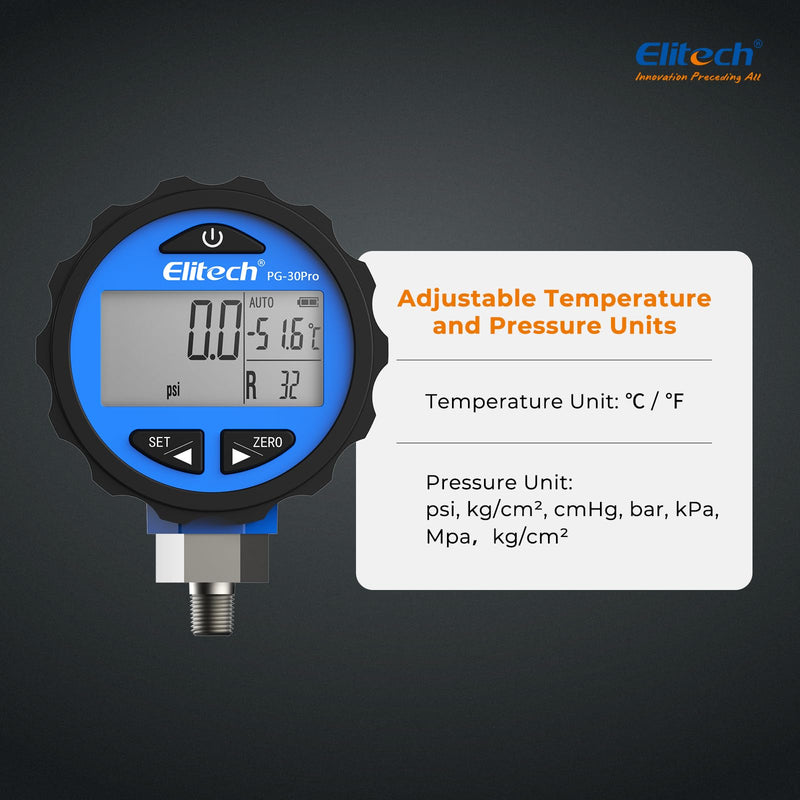 [Australia - AusPower] - Elitech PG-30Pro Blue Refrigeration HVAC Digital Pressure Gauge -14.5-500 PSI 1/8'' NPT 